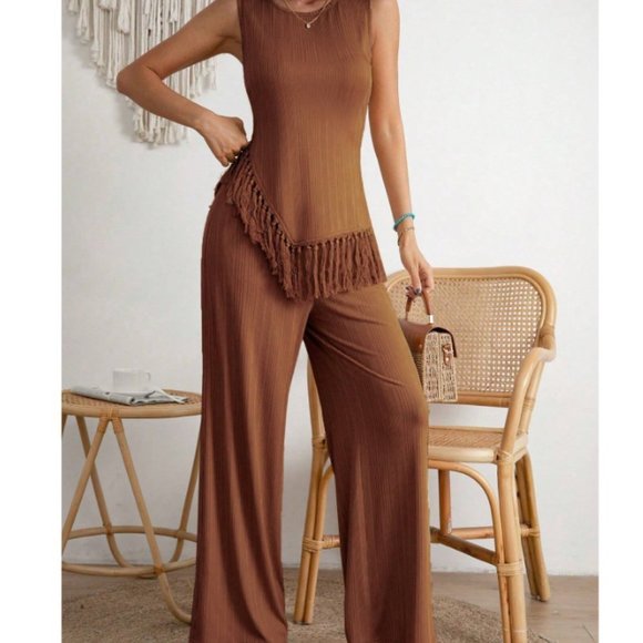 Brown Boho Womens Fringe Hem Tank Top & Wide Leg Pants - Picture 5 of 5